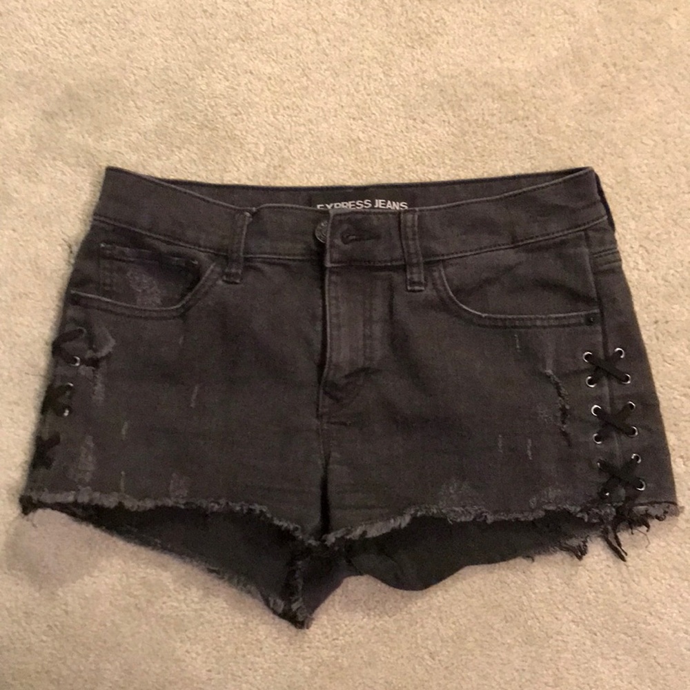Distressed black jean shorts